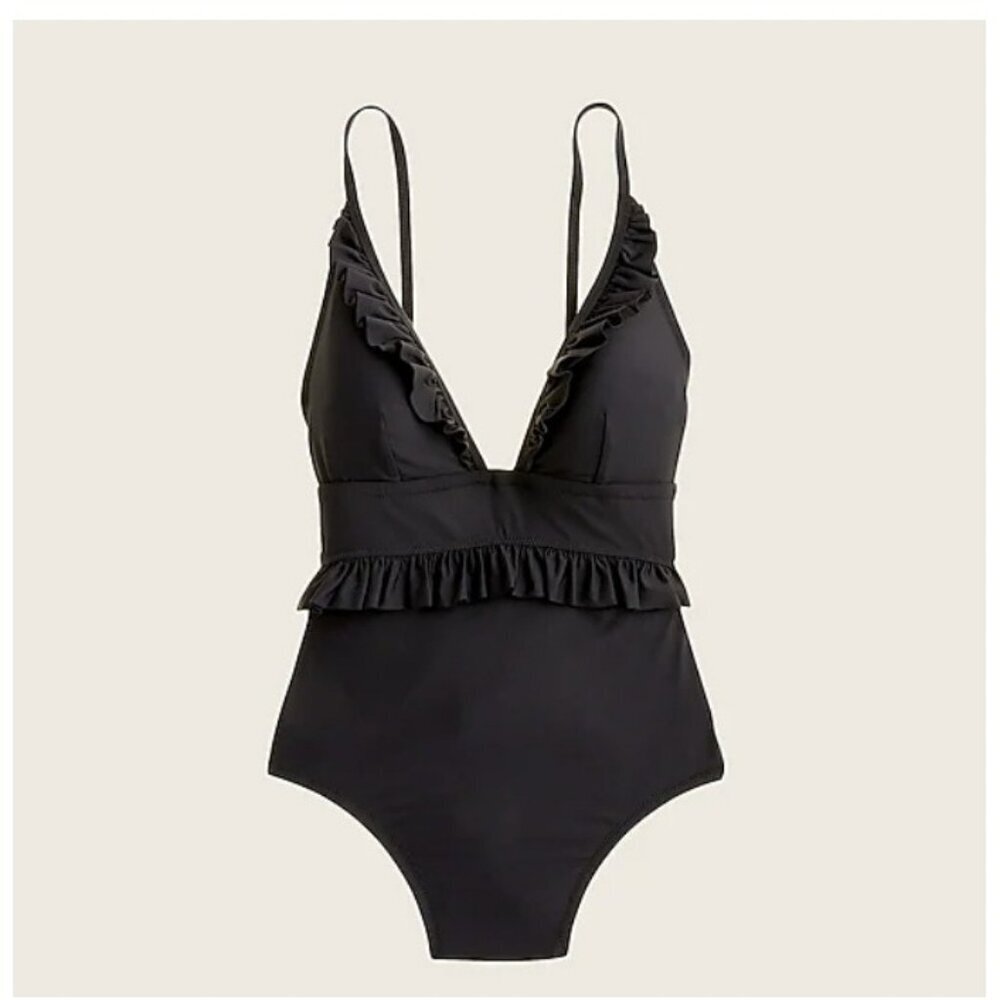 J.Crew $118 Long Torso Ruffle Deep-V One-Piece Swimsuit Size 0 AV682 Black
